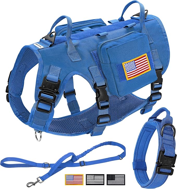 Forestpaw Tactical Dog Harness Tactical Dog Collar with Bungee Leash Set,No Pull Military Dog Harness for Walking Training,Adjustable for Medium Dogs,Blue,Chest 17-25"
