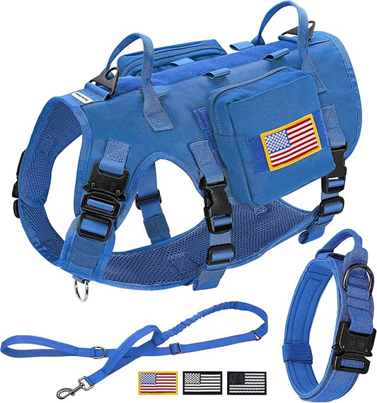 Forestpaw Tactical Dog Harness Tactical Dog Collar with Bungee Leash Set,No Pull Military Dog Harness for Walking Training,Adjustable for Medium Dogs,Blue,Chest 17-25"