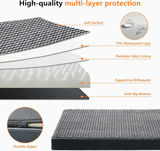 KISYYO Orthopedic XL Dog Beds for Extra Large Dogs with Removable Washable Cover and Removable Pillow for Crate,Waterproof Extra Large Dogs Mat, Grey, 41x27