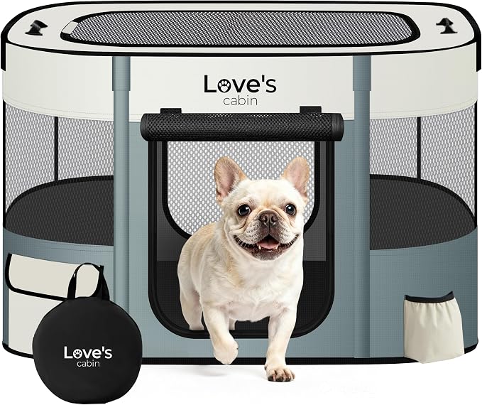 Love's cabin Pet Puppy Dog Playpen, Small Dog Tent Crates Cage Indoor/Outdoor, Portable Exercise Playpen for Cat, Foldable Pop Up Dog Kennel Playpen with Carring Case (S, Gray Green)