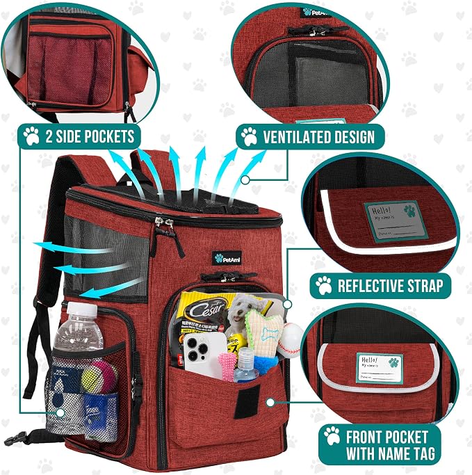 PetAmi Dog Backpack Carrier, Airline Approved 4-Way Entry Cat Backpack Carrier, Ventilated Mesh, Collapsible Pet Carrier for Small Puppy, Kitten, Hiking, Travel Car, Vet, up to 18 lbs, Red