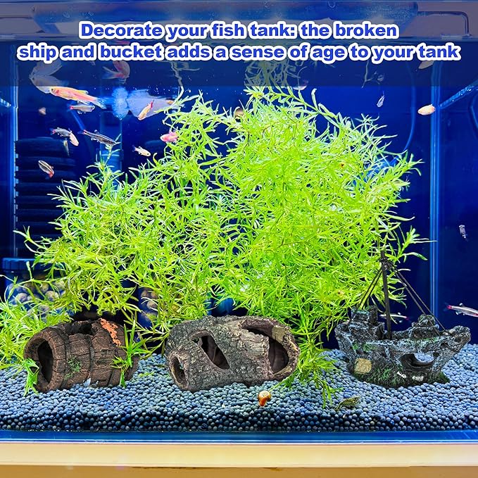 AmaQueen 3 Pcs Fish Tank Decorations, Aquarium Decor Ornaments, Betta Fish Axolotl House Hideout Cave Stuff Accessories, Set of 3 Resin Hollow Tree Trunk, Starfish Barrel, Shipwreck Ship (3)