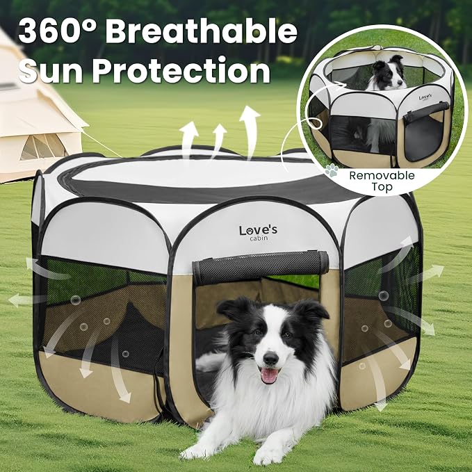 Love's cabin Pet Puppy Dog Playpen, Medium Dog Tent Crates Cage Indoor/Outdoor, Portable Playpen for Cat, Foldable Pop Up Dog Kennel Playpen with Carring Case, Removable Zipper Top, Khaki