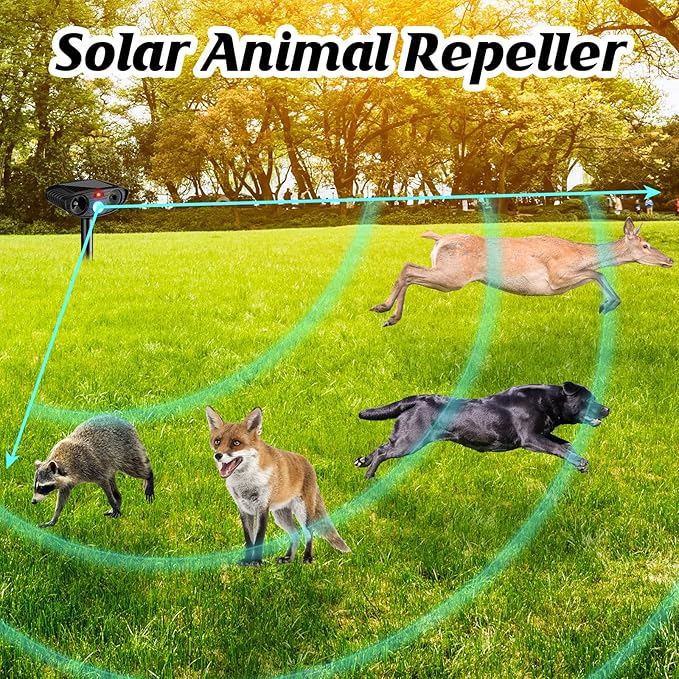 Ultrasonic Animal Repellent Outdoor Solar Powered Repeller Cat Dog Squirrels Deer Deterrent Waterproof Motion Sensor Deterrent for Yard Garden Rabbit Fox Pest(Black,2 Pieces)
