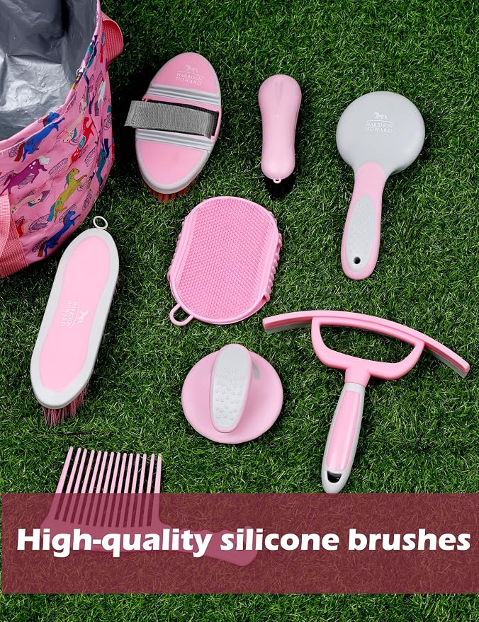 Harrison Howard Complete Horse Grooming Set, 11-Piece Advanced Daily Grooming Tools with Extra Brushes for Full Horse Care Pink Brushstroke Ponies
