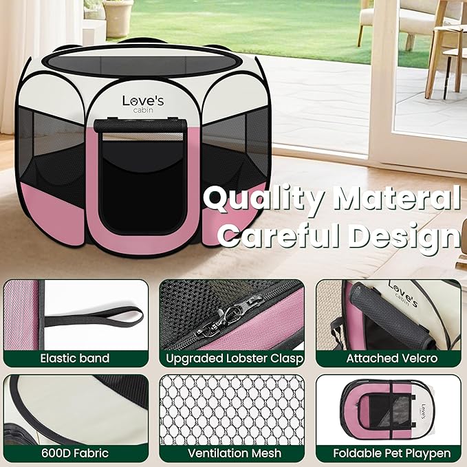 Love's cabin Pet Puppy Dog Playpen, Large Dog Tent Crates Cage Indoor/Outdoor, Portable Playpen for Cat, Foldable Pop Up Dog Kennel Playpen with Carring Case, Removable Zipper Top, Light Pink
