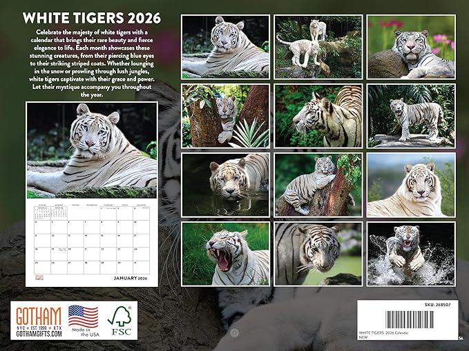 White Tiger Calendar 2026 Monthly Wall Calender 12 Month | American Made In The USA