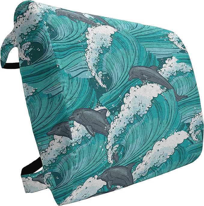Ambesonne Sea Animals Lumbar Back Support Pillow, Wavy Ocean with Dolphins Windy Surfing Doodle Style Art Print, High Density Foam for Office Chairs Car Seats, 14" x 13", Charcoal