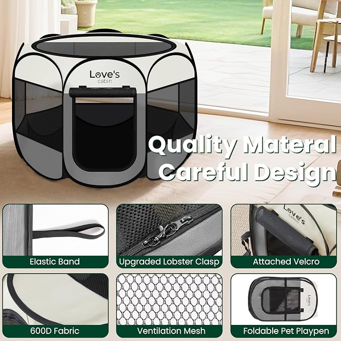 Love's cabin Pet Puppy Dog Playpen, Small Dog Tent Crates Cage Indoor/Outdoor, Portable Playpen for Cat, Foldable Pop Up Dog Kennel Playpen with Carring Case, Removable Zipper Top, Grey