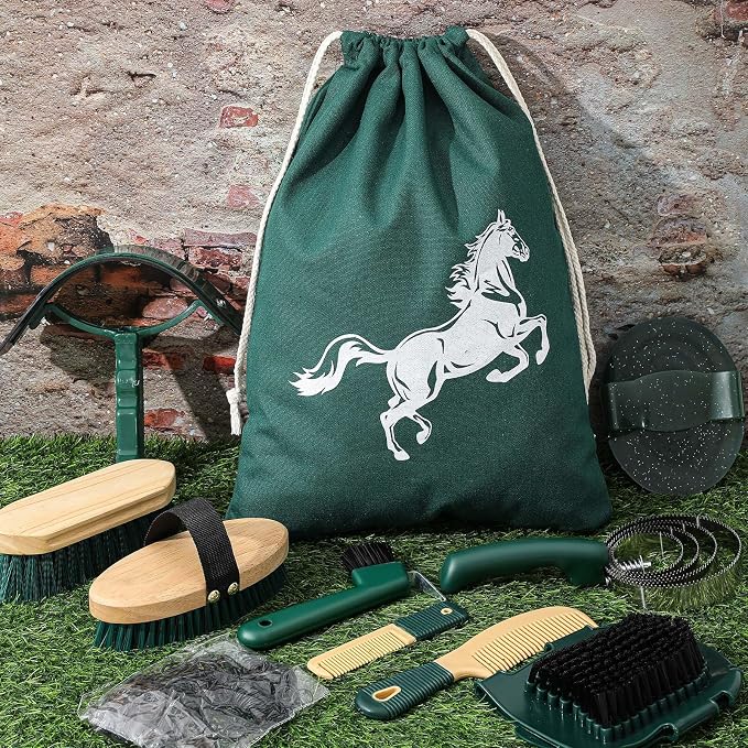 Abbylike 12 Pieces Horse Grooming Kit Racing Festival Tack Room Supplies Horse Brush Sets Equine Care Cleaning Kit Shedding Grooming Massaging Tools (Khaki and Green)