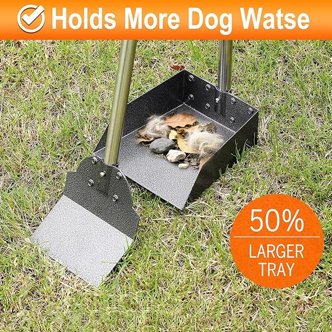 Pooper Scooper, Metal Aluminum Tray and Spade Poop Scoop Set with Adjustable Stainless Steel Long Handle, Pet Waste Removal Heavy Duty Poop Scooper (Tray&Spade, Medium)