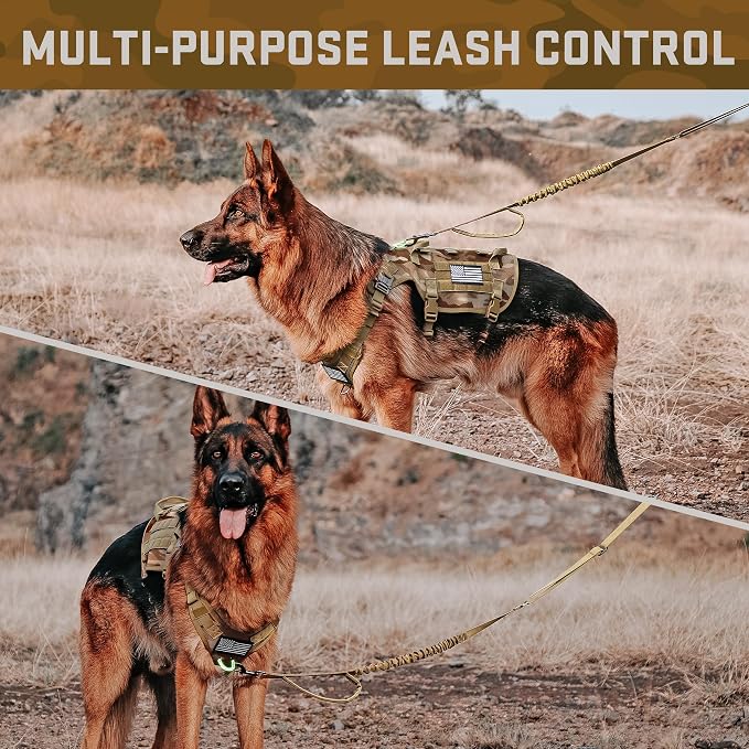 Forestpaw Tactical Dog Harness Tactical Dog Collar with Bungee Leash Set,No Pull Military Dog Harness for Walking Training,Adjustable for Medium Dogs,Camouflage Brown,Chest 17-25"