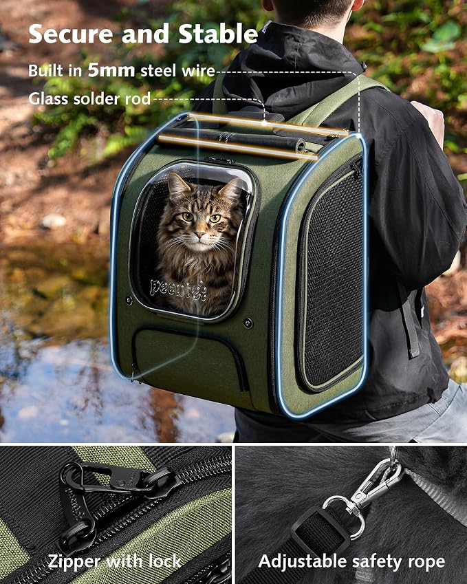 Pecute Cat Backpack Carrier,Large Space Cat Bubble Backpack,Ergonomic,Green | XXL,Sunshade Curtain,Transparent Window,Safety Rope,Sturdy,Large Mesh on Both Side for Breathability,Suitable for Outdoor,Vet