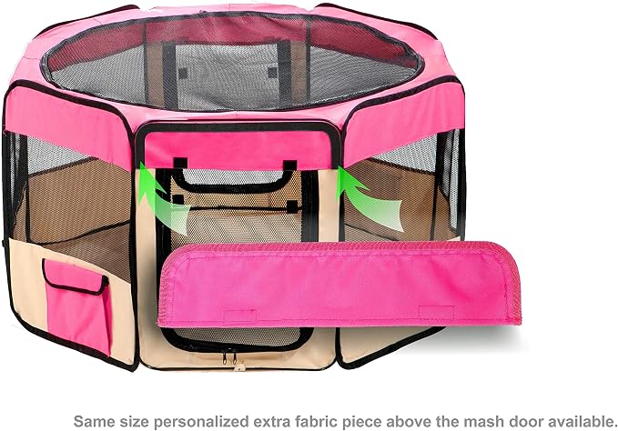 Pawer 36”×18.5” 8-Panel Foldable Pet Playpen, for Small Medium Cat/Dog/Puppy, Hot Pink+Beige, 600D Oxford Cloth Portable Indoor & Outdoor Kennel with Carry Bag, Multiple Sizes & Colors Available