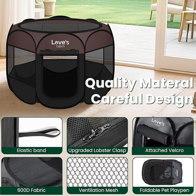 Love's cabin Pet Puppy Dog Playpen, Large Dog Tent Crates Cage Indoor/Outdoor, Portable Playpen for Cat, Foldable Pop Up Dog Kennel Playpen with Carring Case, Removable Zipper Top, Brown
