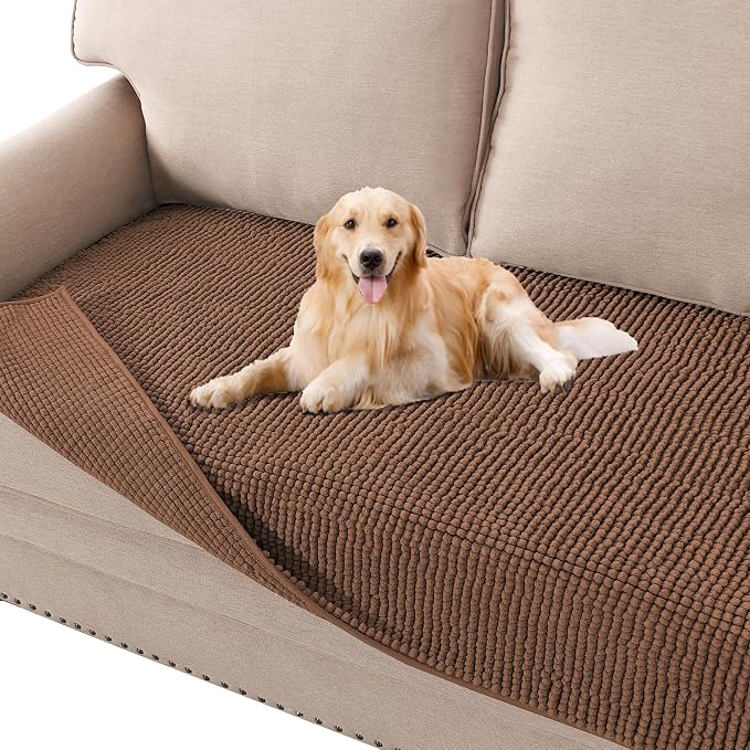H.VERSAILTEX Plush Chenille Dog Bed Cover Thick Soft Loveseat Cover for 2 Cushion Couch Anti Slip Couch Cover Furniture Protector for Dog, Pet, Cat (35" x 62", Caramel)