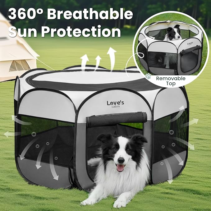 Love's cabin Pet Puppy Dog Playpen, Large Dog Tent Crates Cage Indoor/Outdoor, Portable Playpen for Cat, Foldable Pop Up Dog Kennel Playpen with Carring Case, Removable Zipper Top, Grey