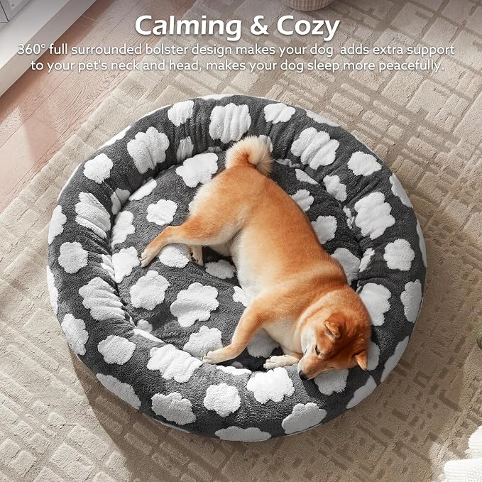JOEJOY Jacquard Donut Round Dog Beds Medium Sized Dog,Grey 30x30x8in, Removable Washable Cover, Cute Pattern, Ultra Soft Fluffy Calming Pet Bed with Thick Supportive Bolster