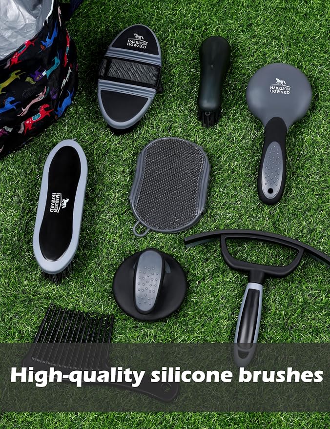Harrison Howard Complete Horse Grooming Set, 11-Piece Advanced Daily Grooming Tools with Extra Brushes for Full Horse Care Black Brushstroke Ponies
