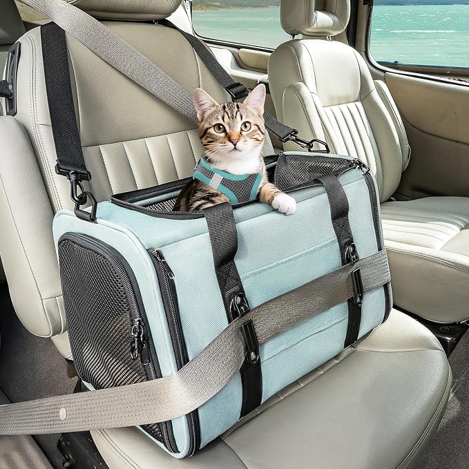 PETSFIT Cat Carrier Soft with Patented Safety Buckles, Safe for Car Travel | Lockable Zippers, Safety Tether, Escape-Resistant Pet Carrier for Vet Visits, Airline Approved Under-Seat, Up to 12 lbs