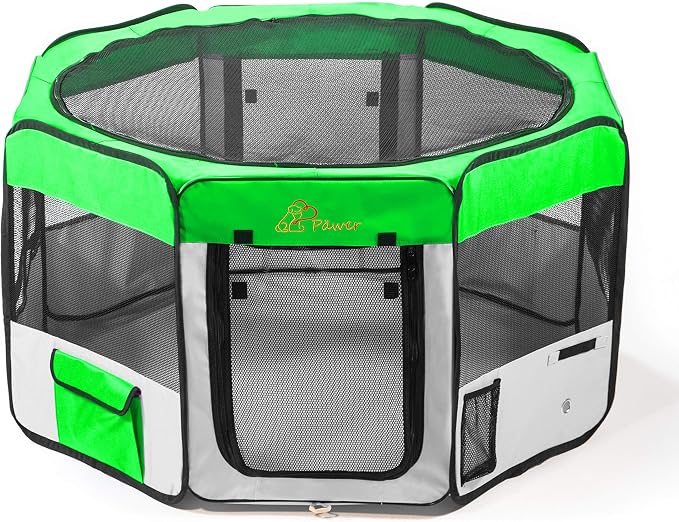 Pawer 45”×24” 8-Panel Foldable Pet Playpen, Bright Green+Grey, Personalize Embroidery Extra Fabric Piece Available, for Cat/Dog/Puppy, 600D Oxford Cloth Portable Indoor & Outdoor Kennel with Carry Bag