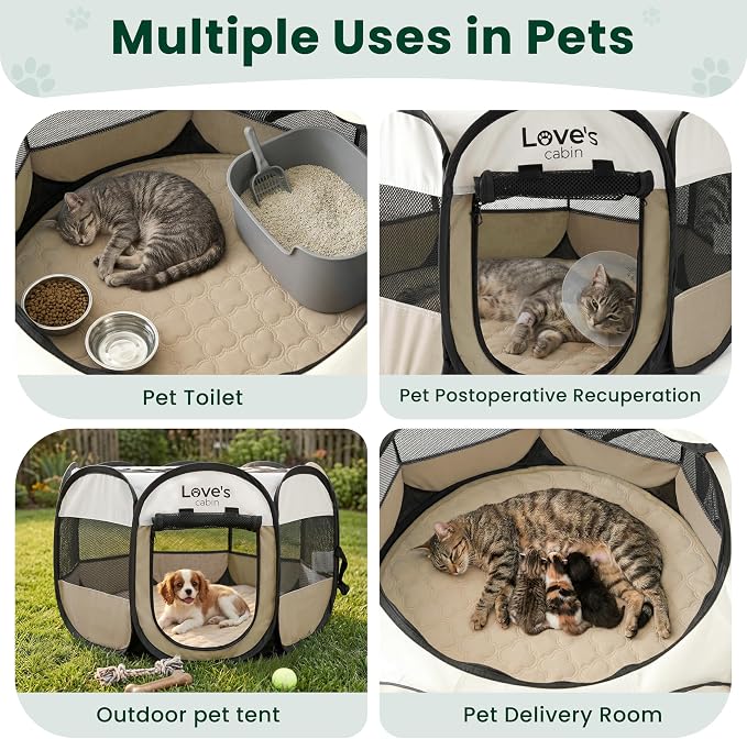 Love's cabin Dog Playpen with Washable Pee Pad, Puppy Pet Cat Playpen Small Dogs Tent Crate Indoor/Outdoor, Portable Pop Up Kennel with Carrying Case for Cats/Rabbits(Khaki,Small with pad)