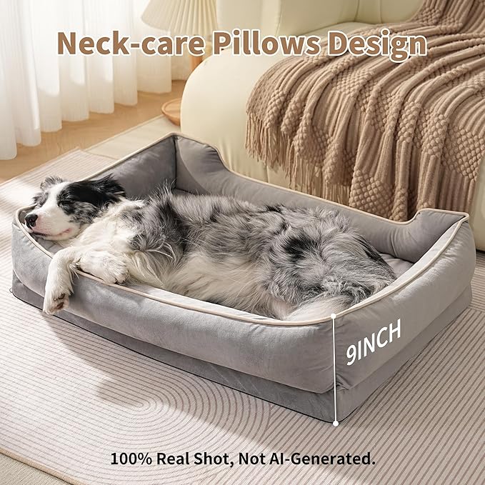 FAIRYPET Orthopedic Dog Bed for Medium to Large Dogs & Cats, Memory Foam Dog Bed with Washable Removable Cover, Top-Grade Dutch Velvet Fabric Pet Sofa Couch for Crate with Nonskid Bottom, Grey
