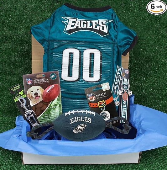 NFL Philadelphia Eagles PET GIFT BOX with 2 Licensed DOG TOYS, 1 Logo-engraved NATURAL DOG TREAT, 1 NFL JERSEY, 1 NFL Puppy Training Bells & 1 Car Seatbelt