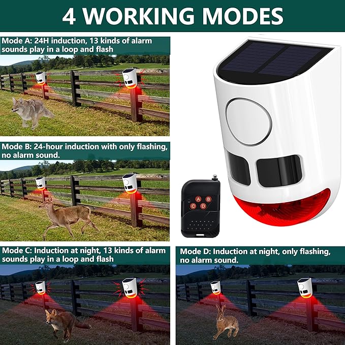 Solar Motion Sensor Alarm: 129dB Loud Dog Barking or Gunshot Sound for Deer, Raccoons - IP65 Security Siren with 4 Modes & USB Backup Power - Night & Day Strobe Light for Yards, Coops-1 Pack