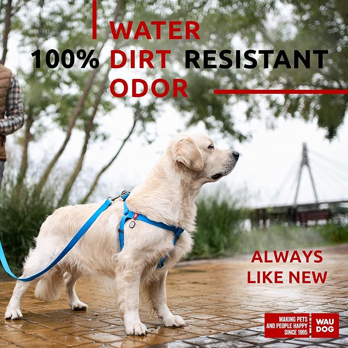 WAUDOG Waterproof Adjustable Dog Harness - Heavy Duty Harness with Metal Clasp and QR Tag - Blue (24-35in)
