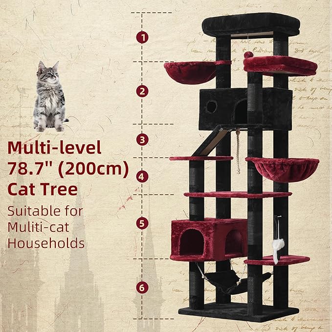 Gitelsnour Gothic Cat Tree for Large Cats, 78.7"(200cm) Tall Cat Tower for Indoor Cats Multiple Cats with Large Top Perch, Cat Condo, Cat Hammcok, Cat Scratching Post, Black and Red GCT031BR