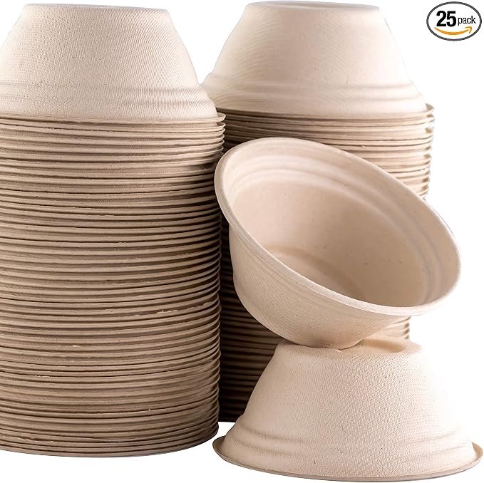 Biodegradable Pet Bowls, 25 Pack, 8 Oz, 1 Cup, Germ-Free, Allergen-Free, Sturdy, Leakproof, Recycled Wheatstalk Material, Suitable for Dogs and Cats