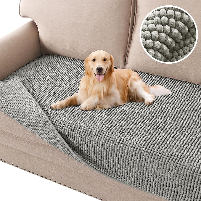 H.VERSAILTEX Plush Chenille Dog Bed Cover Thick Soft Sofa Cover for 3 Cushion Couch Anti Slip Couch Cover Furniture Protector for Dog, Pet, Cat (35" x 74", Dove)