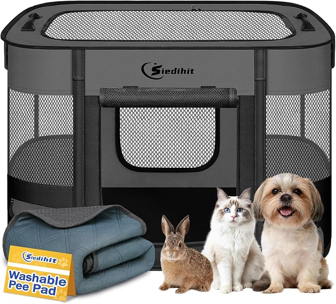 Siedihit Dog Playpen, Cat Pet Puppy Crate, Portable Playpens Indoor Outdoor (Dark Grey with Pad, Small)