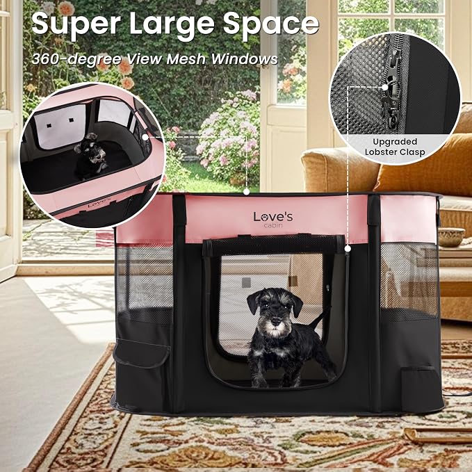 Love's cabin Pet Puppy Dog Playpen, Large Dog Tent Crates Cage Indoor/Outdoor, Portable Exercise Playpen for Cat, Foldable Pop Up Dog Kennel Playpen with Carring Case (L, Pink)