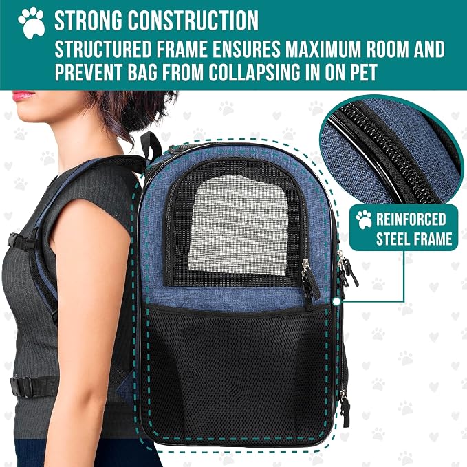 PetAmi Dog Backpack Carrier for Cats, 4-Way Entry Ventilated, 18 lbs, Blue | Sherpa Bed Included, Foldable Load-In Top, Safety Reflective Strap, Breathable Mesh, Poop Bag Dispenser, Padded Back Support