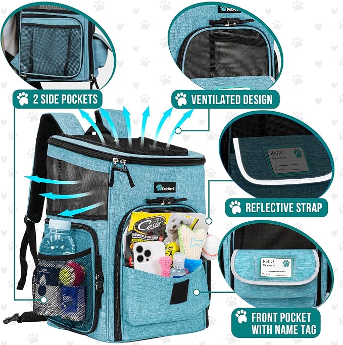 PetAmi Dog Backpack Carrier, Airline Approved 4-Way Entry Cat Backpack Carrier, Ventilated Mesh, Collapsible Pet Carrier for Small Puppy, Kitten, Hiking, Travel Car, Vet, up to 18 lbs, Turquoise