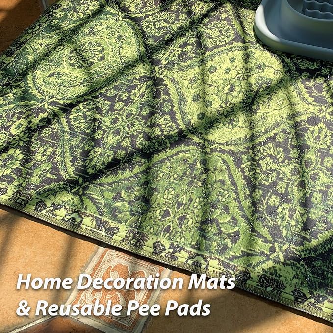 nunubaby Washable Pee Pads for Dogs, Stylish, Non-Slip and Leak-Proof Pee Pads. Reusable Potty Pads for Dogs for Crates and Floors.(Green/Multi,72" x72" )