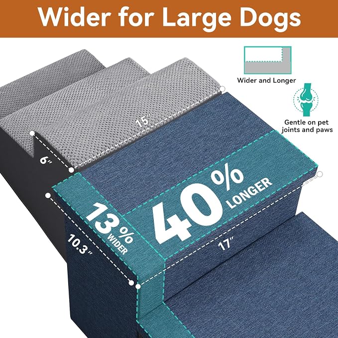 Zerbuger Dog Stairs with Storage, Navy Blue 3 Steps Dog Ramp no Condo | 18" H Wider Dog Steps for High Beds Couch, Folding Storage Pet Stairs Gift for Climbing Small/Medium/Large Old Dogs Cats