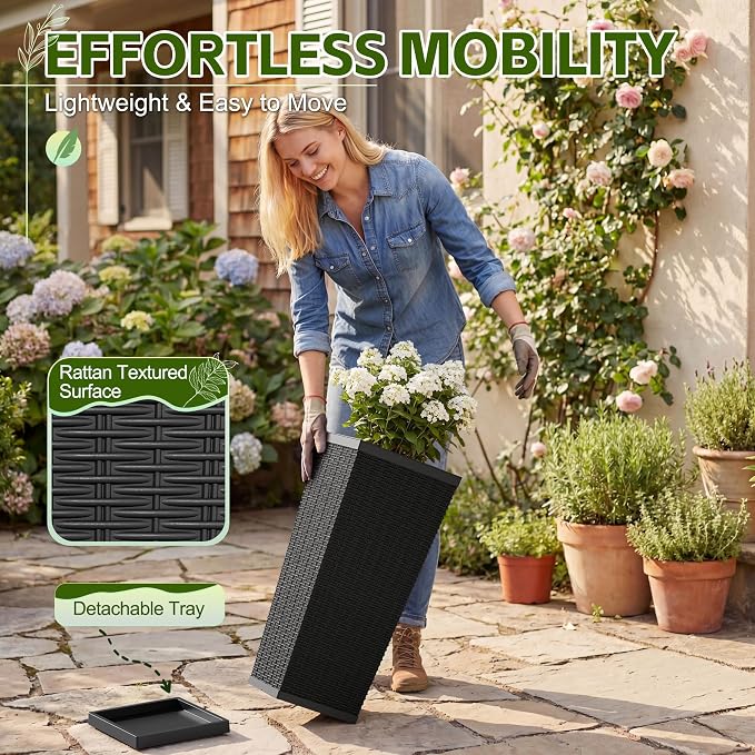 Devoko Resin Tall Planters for Outdoor Plants Set of 2, Large Taper Outdoor Planter Pots with 4 Drainage Holes, Flower Pots Modern Decor for Porch, Patio, Backyard, Garden(Black, 24''with Trays)