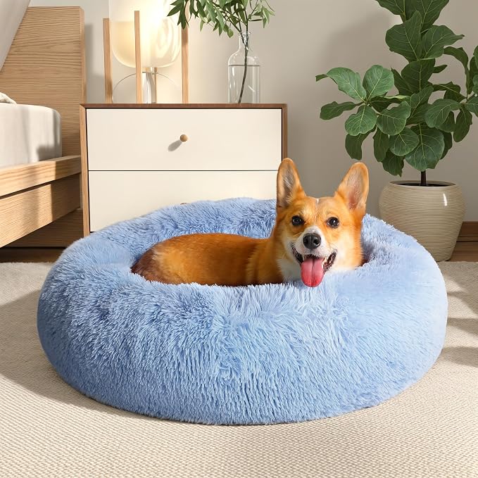 Western Home Calming Donut Small Medium Pet Dog Bed Washable,27" Light Blue | Fluffy Faux Fur Round Cuddler,Anti-Anxiety,Anti-Slip Bottom,Plush Pet Dog Beds for Small Medium Sized Dogs,Up to 35 LBS