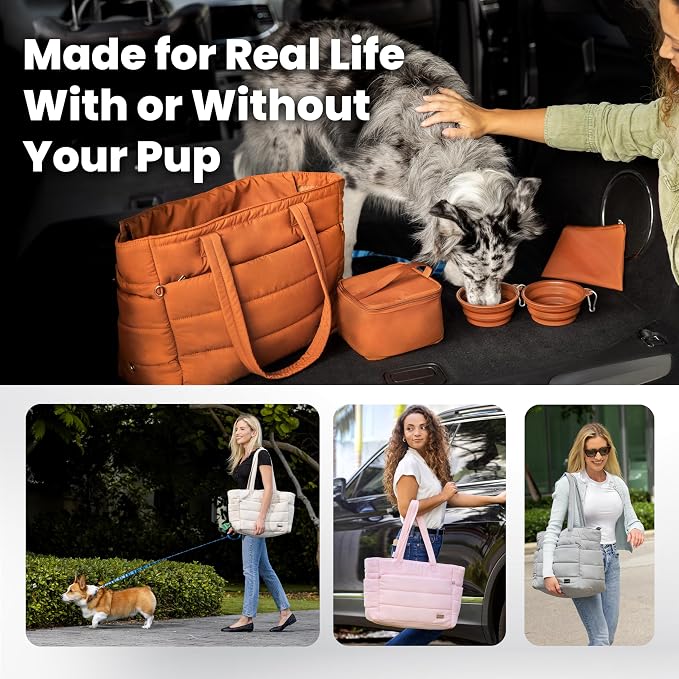 Puffer Dog Travel Bag for Dog Moms, Diaper Bag with Travel Bowls | 2 BPA-Free Collapsible Bowls, 2 Pet Food Containers, 9 Pockets, Everyday Puffer Bag Works With or Without Your Dog, Rust