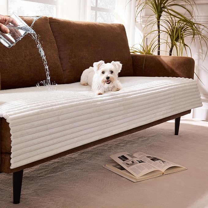 Dual Non-Slip Couch Cover for Dogs Waterproof, Cream Fuzzy Soft Pet Couch Covers for Sofa 3 Cushion, Pet Friendly Soft Dog Bed Covers Sofa Cover Washable (White, 33" x 75" 1 Pack)