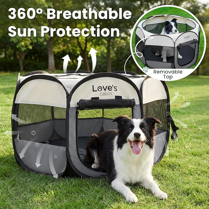 Love's cabin Dog Playpen with Washable Pee Pad, Puppy Pet Cat Playpen Small Dogs Tent Crate Indoor/Outdoor, Portable Pop Up Kennel with Carrying Case for Cats/Rabbits(Grey,Small with pad)
