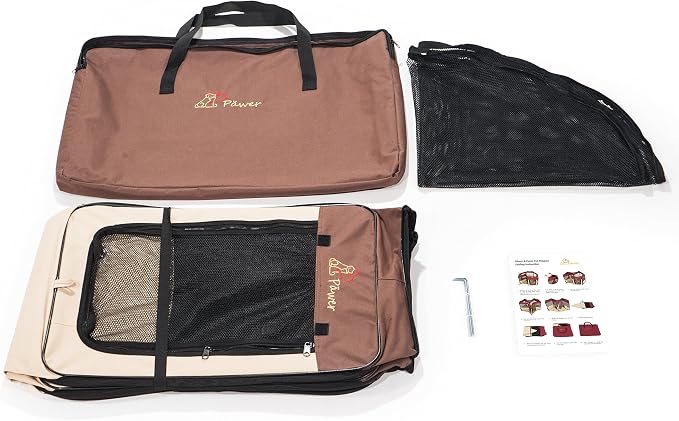 Pawer 45”×24” 8-Panel Foldable Pet Playpen, Brown+Beige, Personalize Embroidery Extra Fabric Piece Available, for Cat/Dog/Puppy, 600D Oxford Cloth Portable Indoor & Outdoor Kennel with Carry Bag