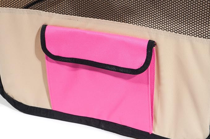 Pawer 45”×24” 8-Panel Foldable Pet Playpen, Hot Pink+Beige, Personalize Embroidery Extra Fabric Piece Available, for Cat/Dog/Puppy, 600D Oxford Cloth Portable Indoor & Outdoor Kennel with Carry Bag