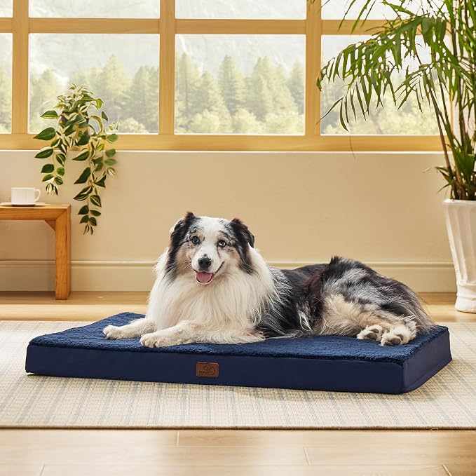 Bedsure XL Dog Bed for Crate, Pet Bed with Washable Cover, 41x27 Inch Navy | Orthopedic Egg Crate Foam, Flat Rectangle Sherpa Mat, Non-Slip Bottom, Comfy Removable Cover, For Extra Large Pets ≤ 65 lbs