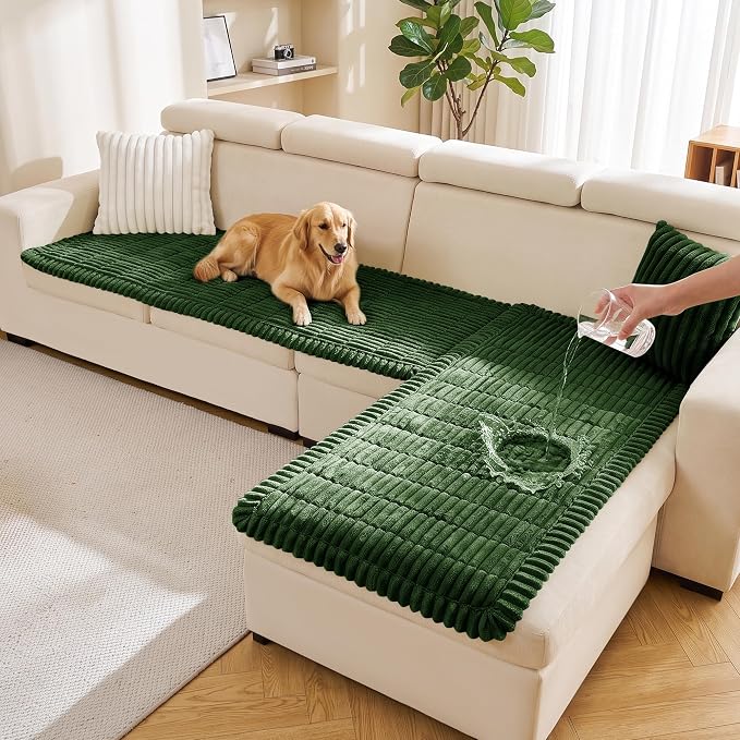 FUANGUI 2 Pack Waterproof Couch Cover for Dogs Pets Sofa Protector | Non-Slip Washable Fuzzy Soft Sofa Slipcover for 2 PCS L Shaped Sofa Pet Friendly, 27.6" x 70.9"+27.6" x 82.7",Dark Green