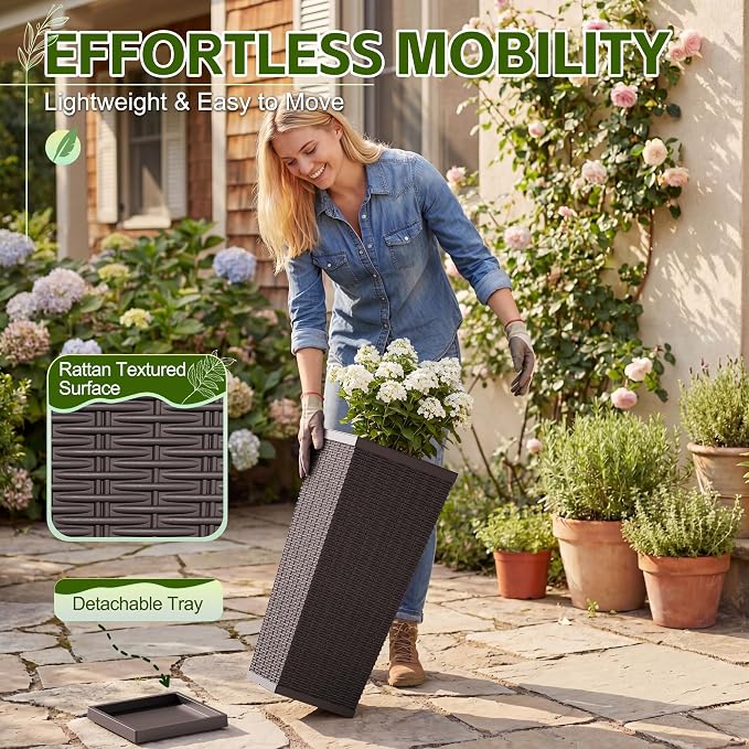 Devoko Resin Tall Planters for Outdoor Plants Set of 2, Large Taper Outdoor Planter Pots with 4 Drainage Holes, Flower Pots Modern Decor for Porch, Patio, Backyard, Garden(Brown, 24'' with Trays)