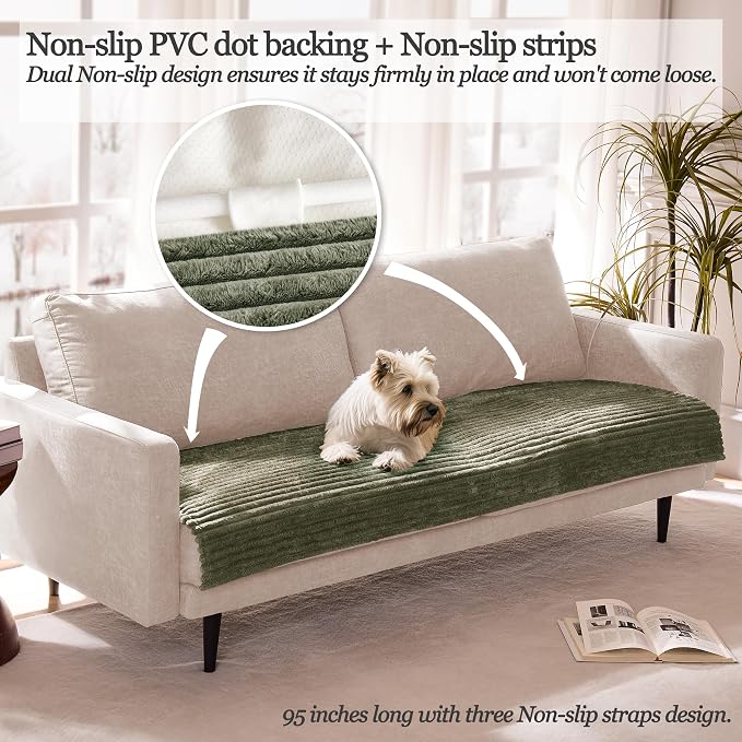 Dual Non-Slip Couch Cover for Dogs Waterproof, Fuzzy Soft Pet Couch Covers for Sofa 3 Cushion, Pet Friendly Soft Dog Bed Covers Sofa Cover Washable (Sage Green, 33" x 85" 1 Pack)